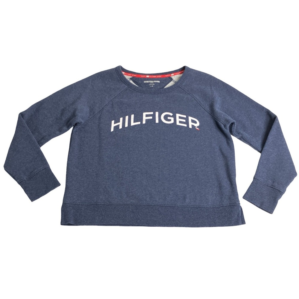 Tommy Hilfiger Sport Sweatshirt Womens Large Blue Spellout Cropped Thumbhole
